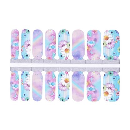 Pastel floral nail wraps with watercolour flowers and rainbow gradient non-UV manicure strips