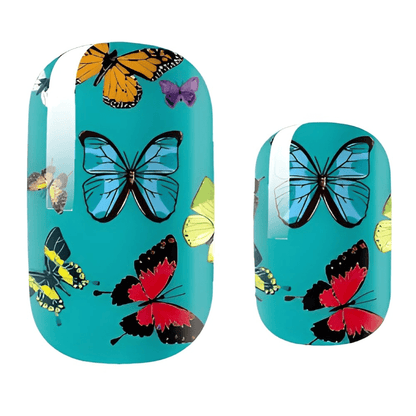 Close-up turquoise gel nail wraps featuring colourful butterfly nail art design