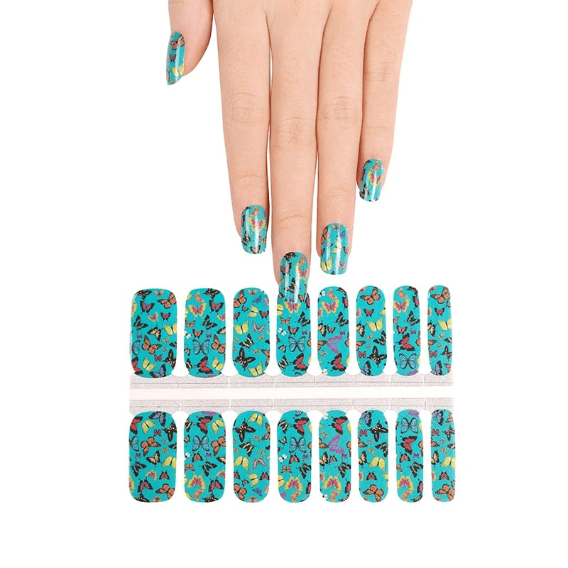 Non-UV nail wraps showing turquoise butterfly design with complete manicure set