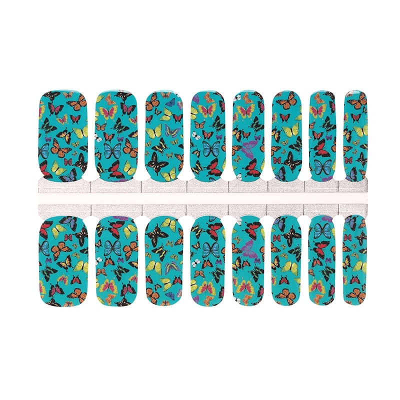 Complete set of turquoise butterfly nail wraps for at-home manicure