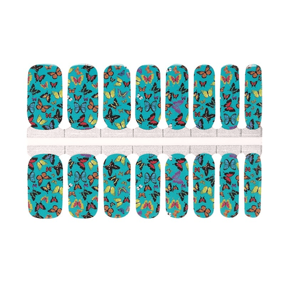 Complete set of turquoise butterfly nail wraps for at-home manicure