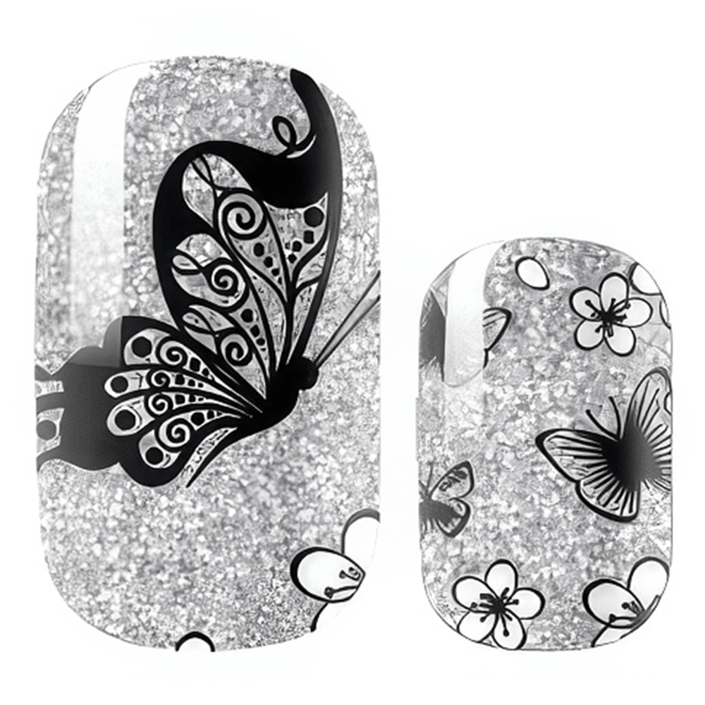 Silver glitter nail wraps with black butterfly patterns for elegant at-home manicure