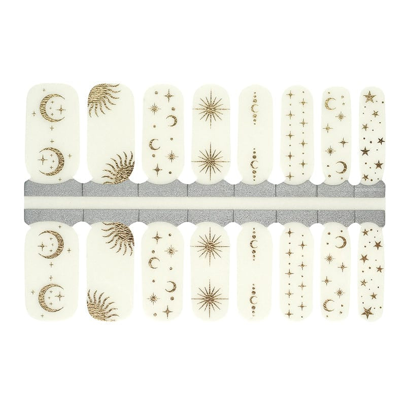 Celestial nail wraps sheet featuring gold stars moons suns mystical designs