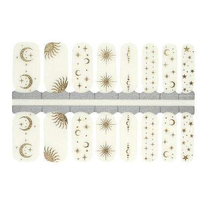 Celestial nail wraps sheet featuring gold stars moons suns mystical designs