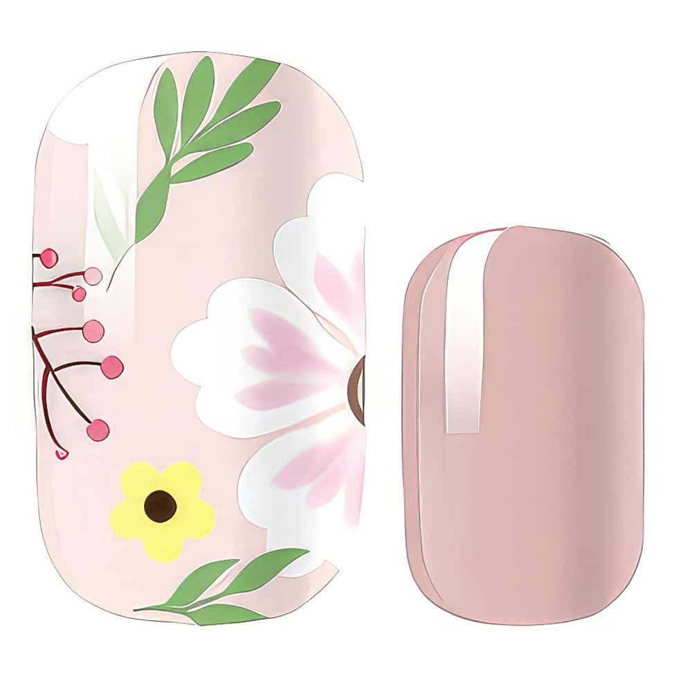 Sheer pink nail wraps with white daisy flowers and green leaves pattern design