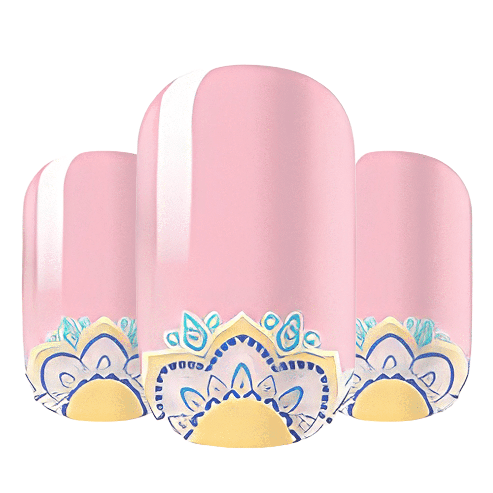 Pink gel nail wraps with colourful mandala pattern bohemian design wide fit