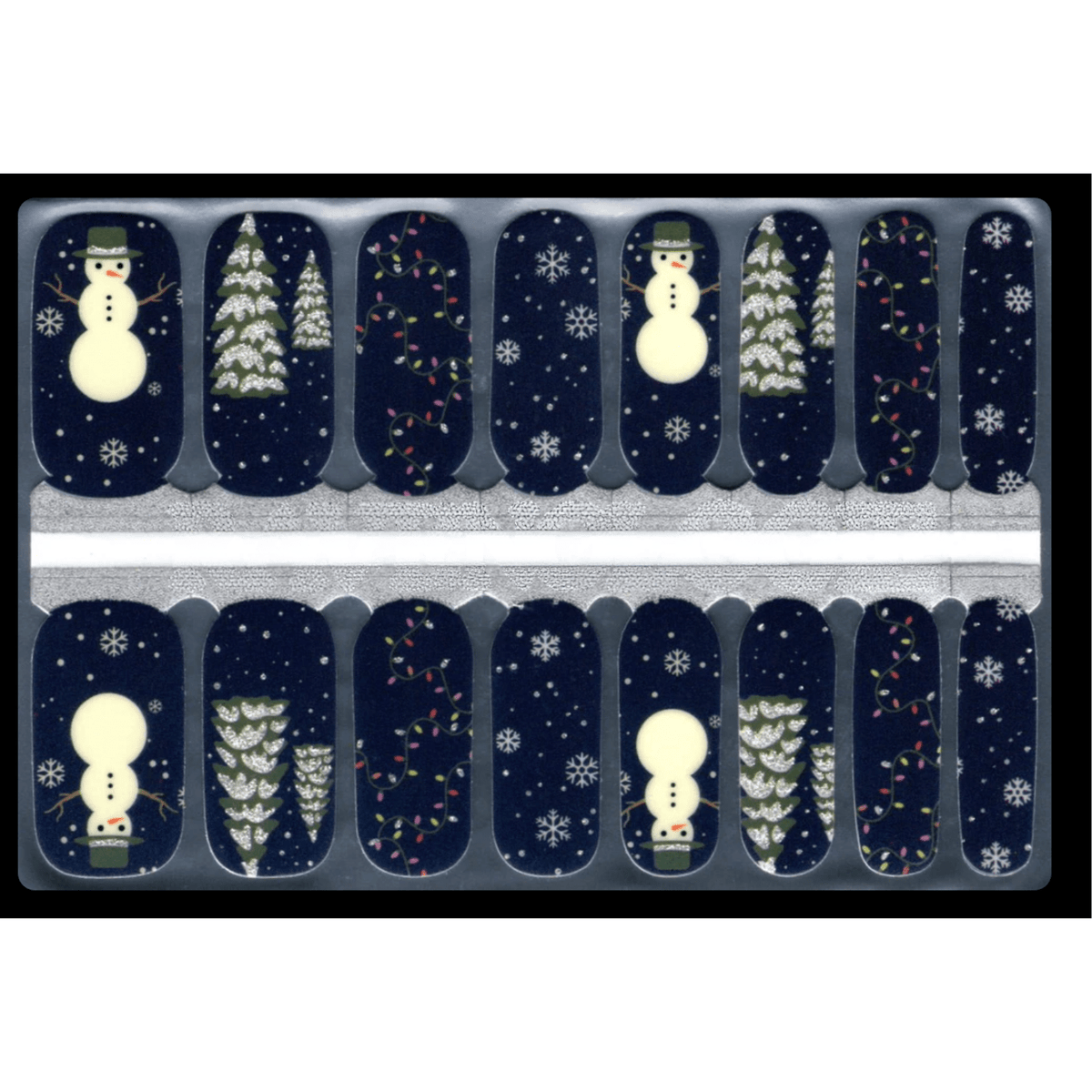 Navy blue nail wraps with white snowmen and Christmas trees festive winter design