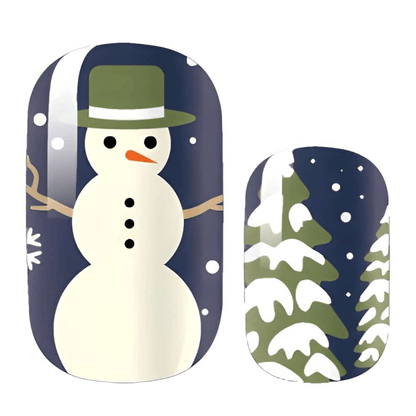 Christmas nail wraps featuring snowman with green hat and snowy tree pattern