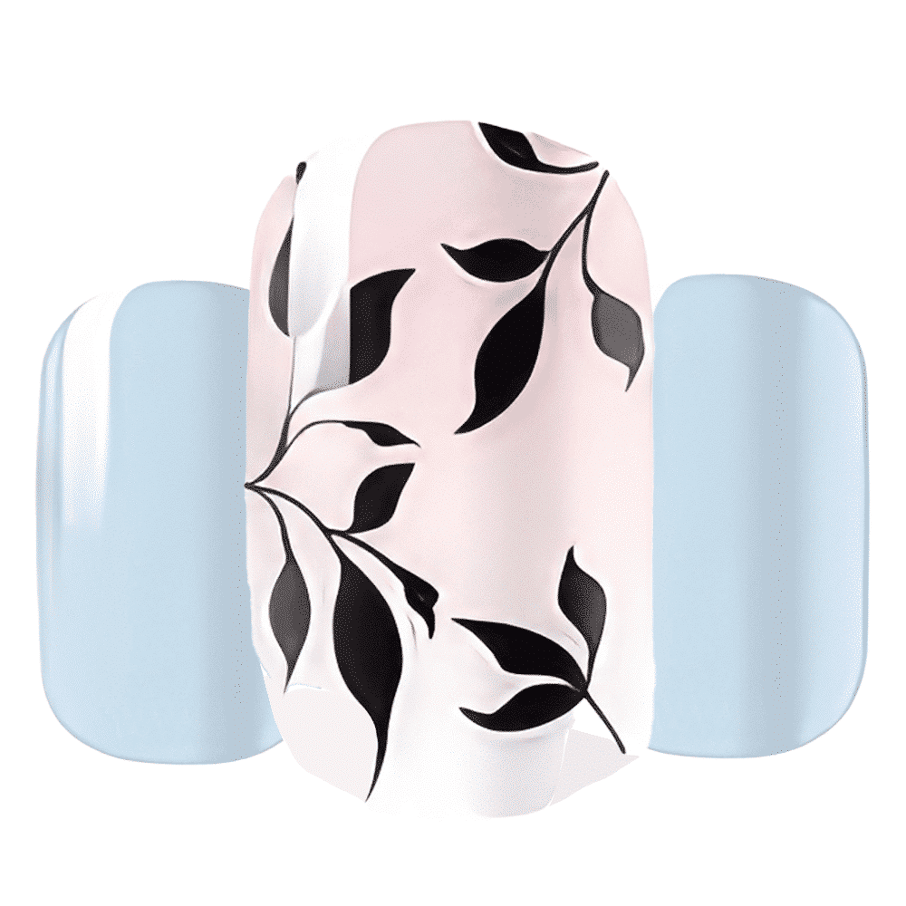 Pastel blue and pink nail wraps with black leaf botanical pattern