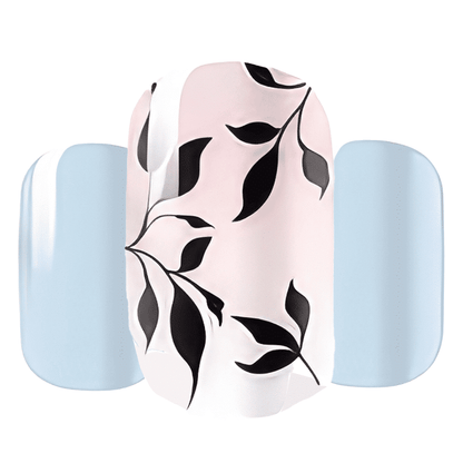 Pastel blue and pink nail wraps with black leaf botanical pattern