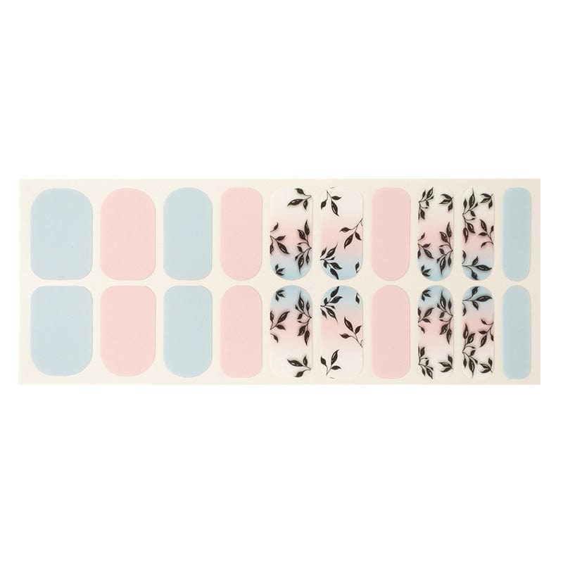 Pastel blue and pink gel nail wraps with delicate black floral leaf patterns