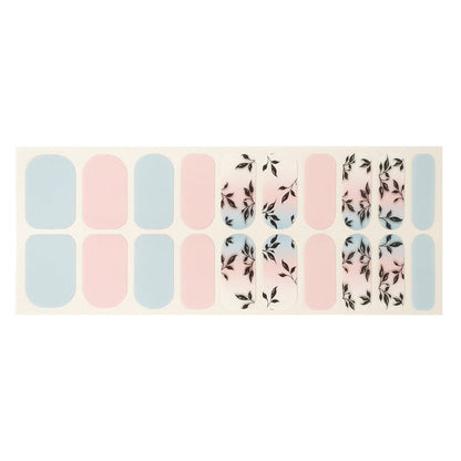 Pastel blue and pink gel nail wraps with delicate black floral leaf patterns