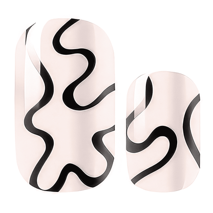 Nude gel nail wraps with black squiggly lines abstract pattern for at-home manicure