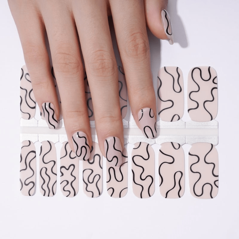 Non-UV nail wraps sheet with black wavy abstract pattern for at-home manicure