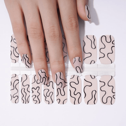Non-UV nail wraps sheet with black wavy abstract pattern for at-home manicure