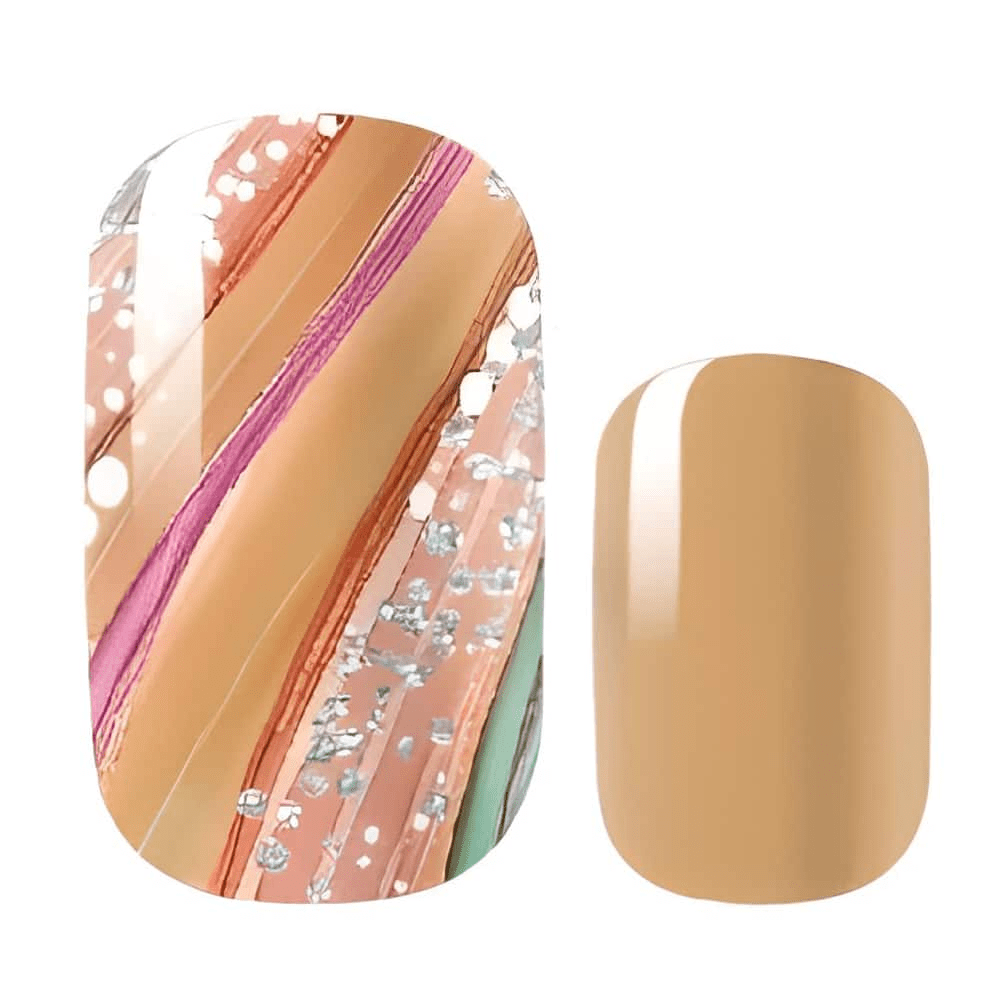 Two nail wraps showing coral swirl pattern and solid caramel brown finish for creative nail art