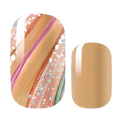 Two nail wraps showing coral swirl pattern and solid caramel brown finish for creative nail art