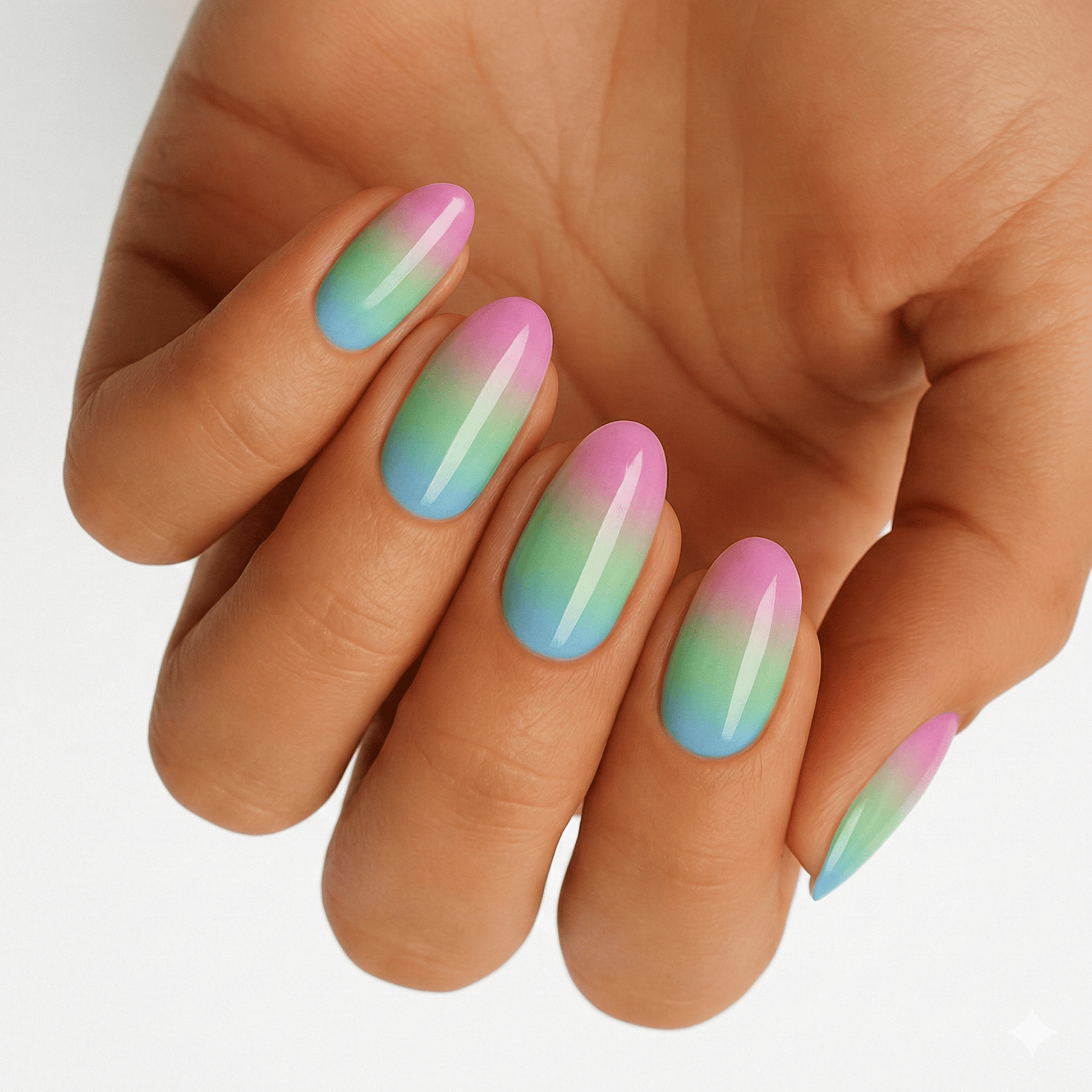 Rainbow gradient nail wraps on hand featuring pink blue green ombre design nail art
