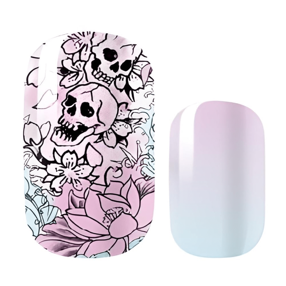 Gothic skull and rose nail art design on purple ombre non-UV nail wraps