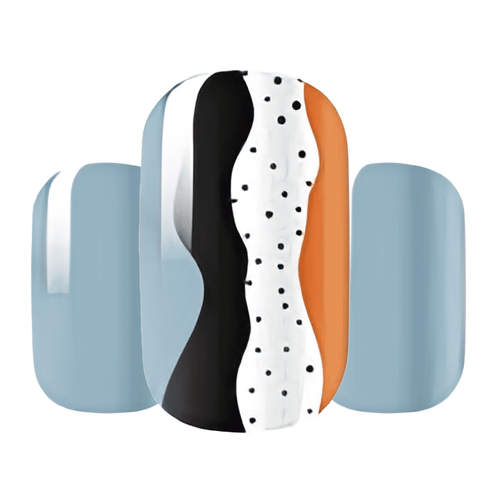 Abstract blue orange black nail wraps with dots and curved patterns wide fit design