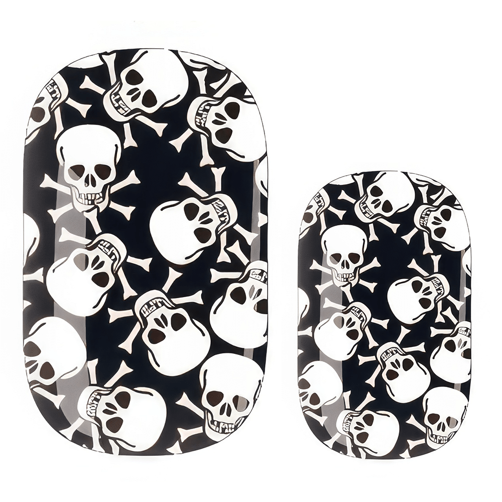 Non-UV nail wraps featuring black and white skull pattern design for spooky manicures