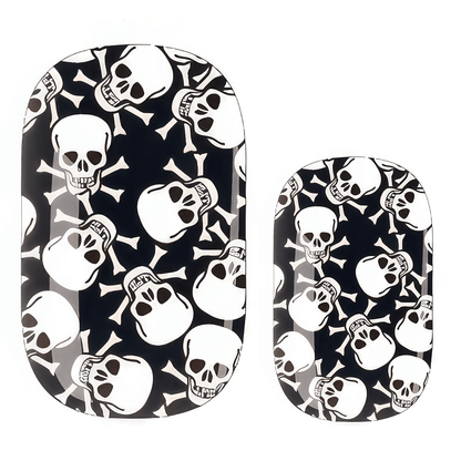 Non-UV nail wraps featuring black and white skull pattern design for spooky manicures