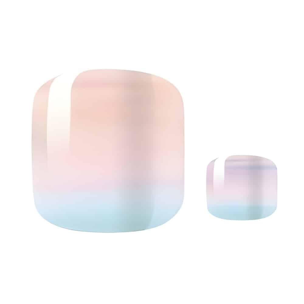 Pink to blue gradient ombre pedicure nail wraps with soft pastel sunset colours