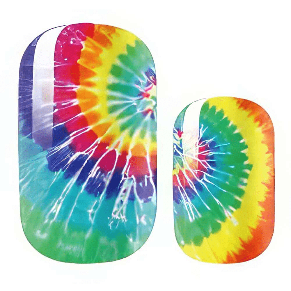 Rainbow tie-dye spiral nail wraps with psychedelic swirl pattern in multicoloured design