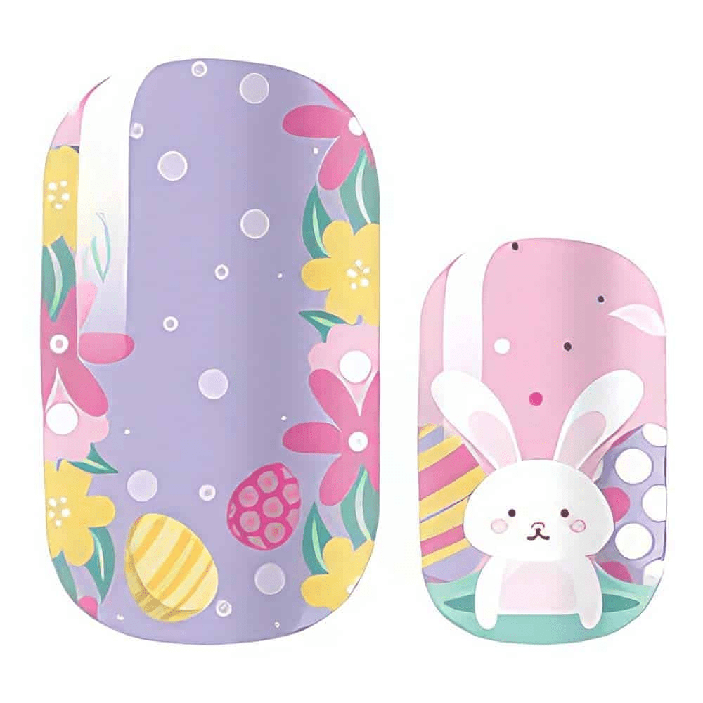 Cute bunny nail wraps featuring purple and pink Easter designs with white rabbit characters