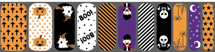 Halloween nail art wraps with orange pumpkins, ghosts, skulls and spooky patterns