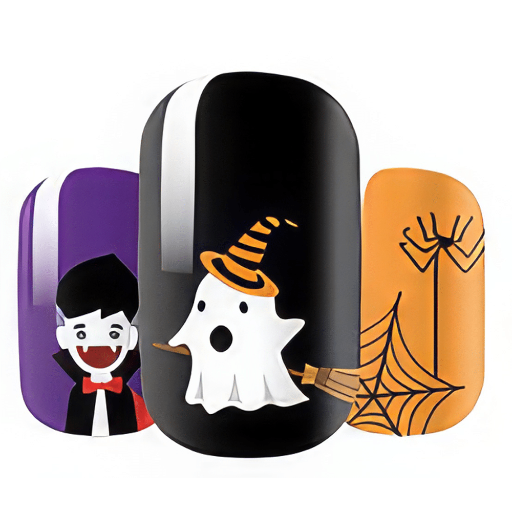 Halloween nail wraps featuring vampire, ghost with witch hat, and spider web designs