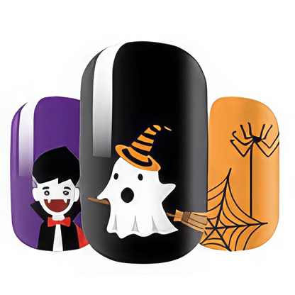 Halloween nail wraps featuring vampire, ghost with witch hat, and spider web designs
