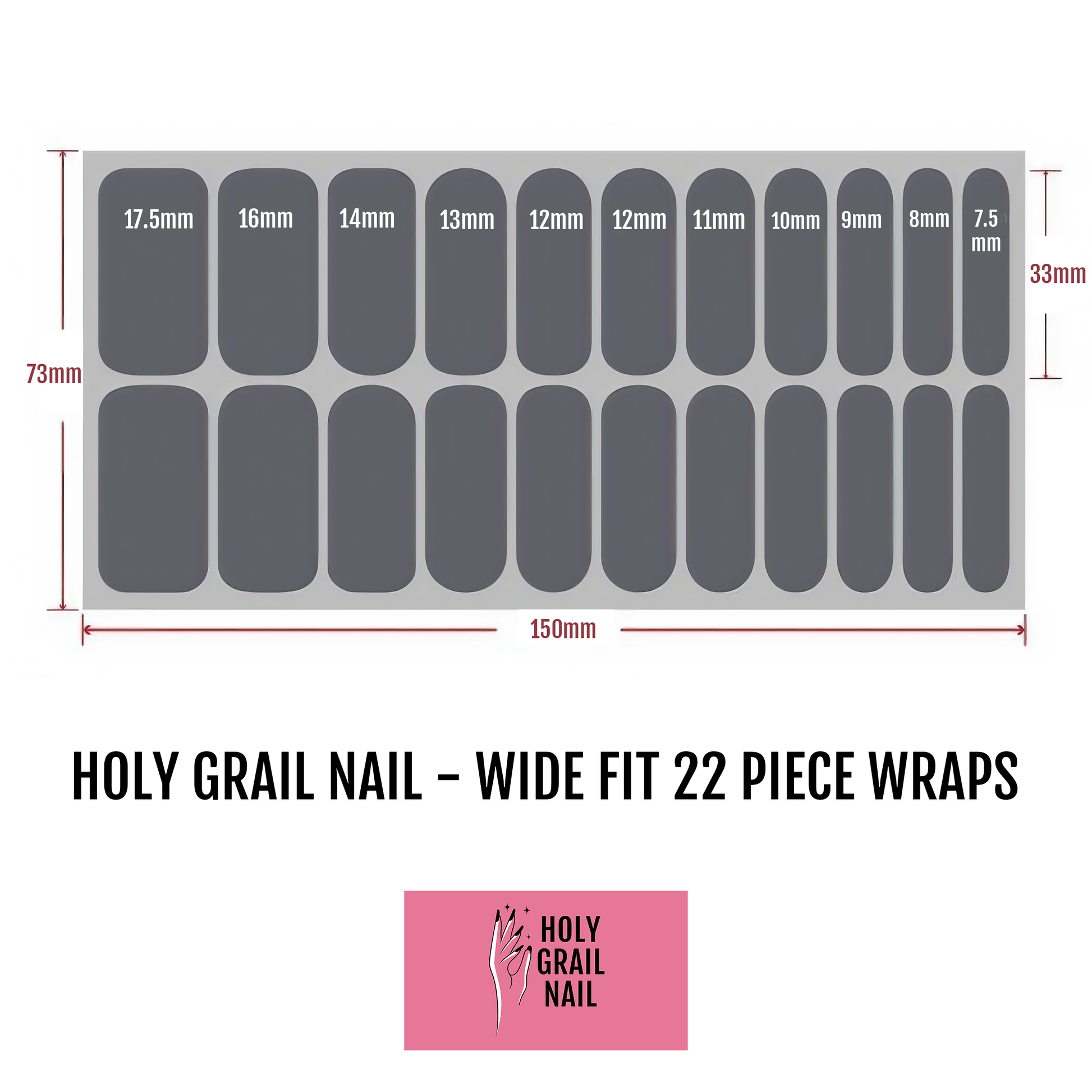 Wide fit nail wraps sizing guide showing 22 piece set dimensions
