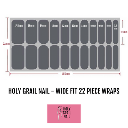 Wide fit nail wraps sizing guide showing 22 piece set dimensions
