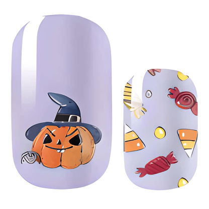 Purple Halloween nail wraps with cartoon pumpkin and candy pattern for spooky nail art