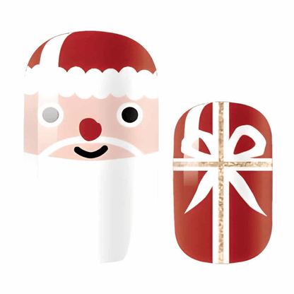 Christmas nail art design featuring cute Santa face and red gift box nail wraps