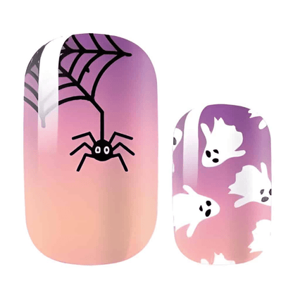 Halloween nail art wraps featuring pink gradient with black spiders and white ghosts design