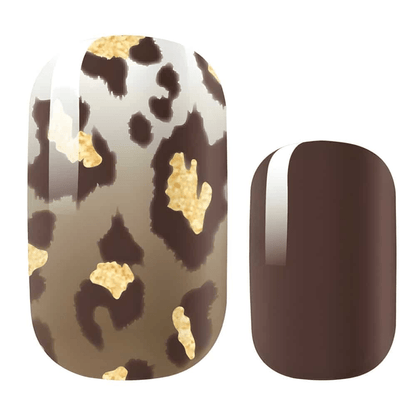 Brown leopard print nail wraps with gold metallic spots and glossy finish