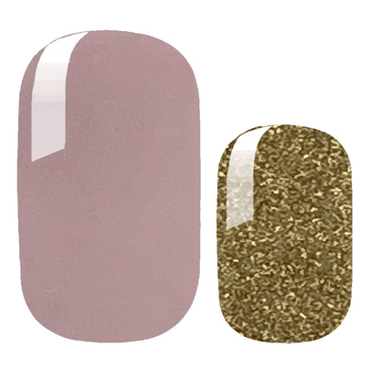 Two nail wrap samples showing dusty pink and gold glitter finishes for at-home manicure