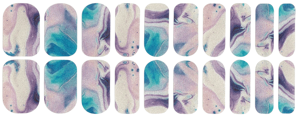 Complete set of 20 marble nail wraps with purple blue watercolour stone effect patterns