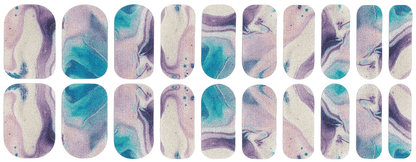 Complete set of 20 marble nail wraps with purple blue watercolour stone effect patterns