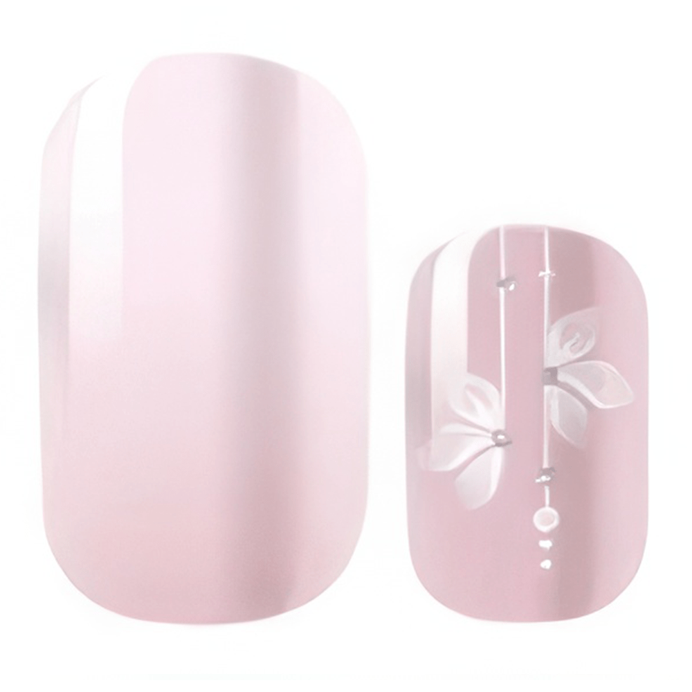 Pink matte nail wraps with white cherry blossom floral design and dangling chain details