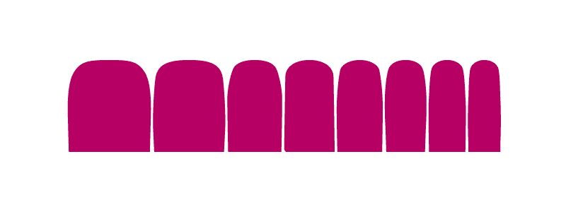 Eight fuchsia pink pedicure nail wraps in graduated sizes for toes