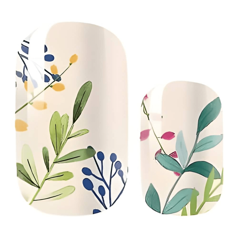 Non-UV nail wraps featuring delicate botanical design with green leaves and pink flowers