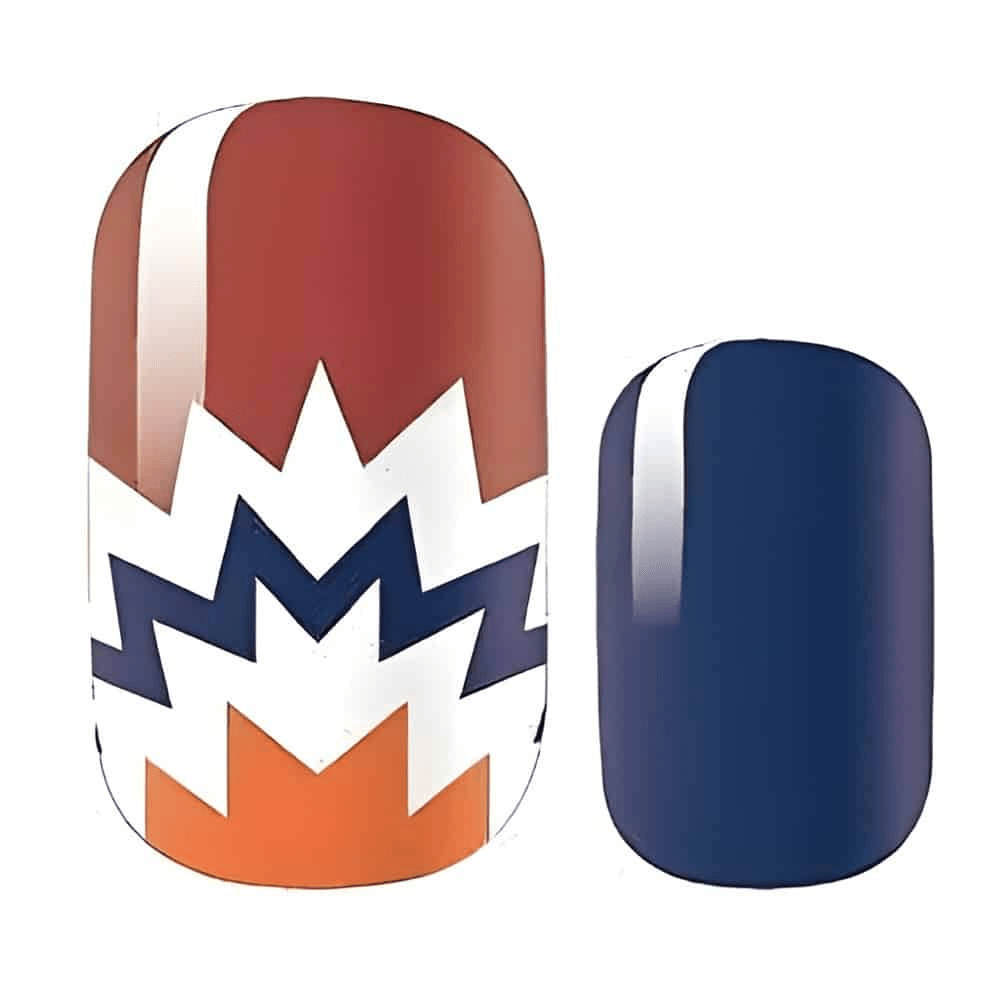 Retro geometric nail wraps in rust orange navy blue with chevron pattern for at-home manicure