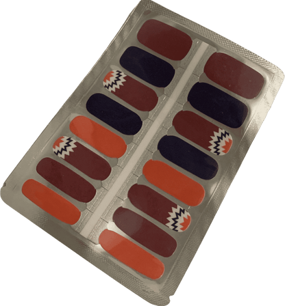 Classic nail wraps sheet with orange brown navy colours and geometric chevron patterns