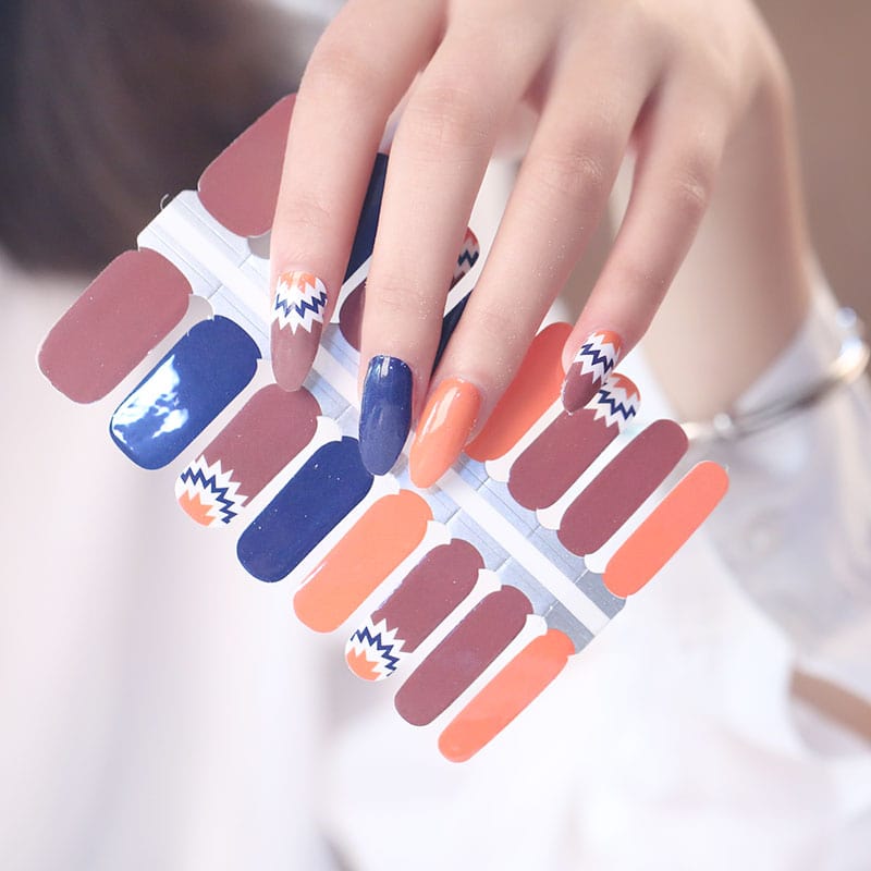 Non-UV nail wraps sheet featuring orange navy brown colours with retro geometric patterns