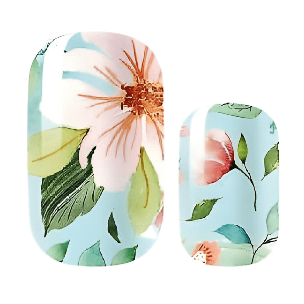 Floral non-UV nail wraps featuring coral pink flowers with green leaves on light blue base