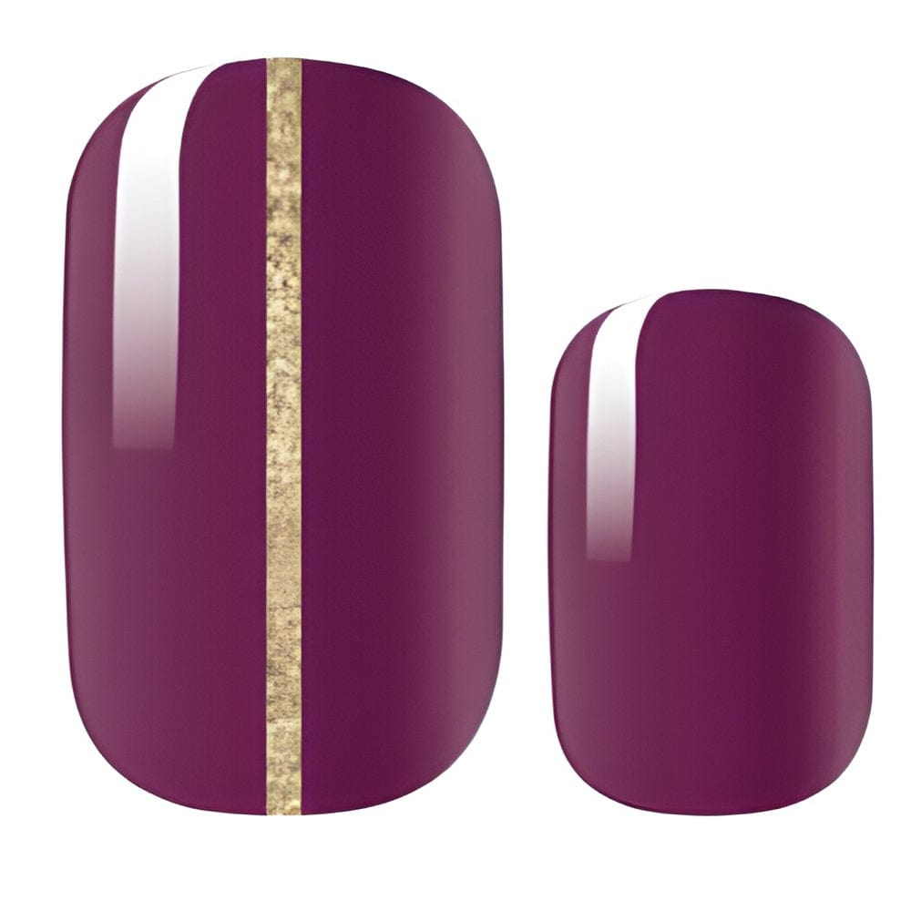Burgundy glossy nail wraps with gold stripe accent non-UV nail art