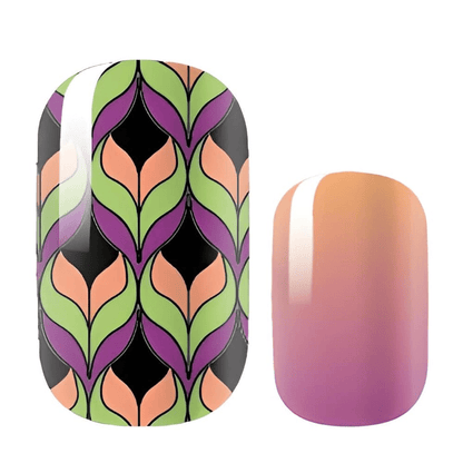 Art deco leaf pattern nail wrap design with purple gradient ombre gel nail art